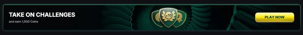 Banner de desafíos de juegos Kinbet que ofrece recompensas en monedas por participación